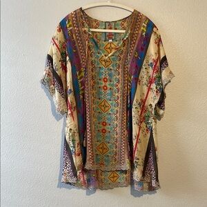 Johnny Was Multicolor Dolman Sleeve Keyhole Tunic Lace Trim, Rayon
